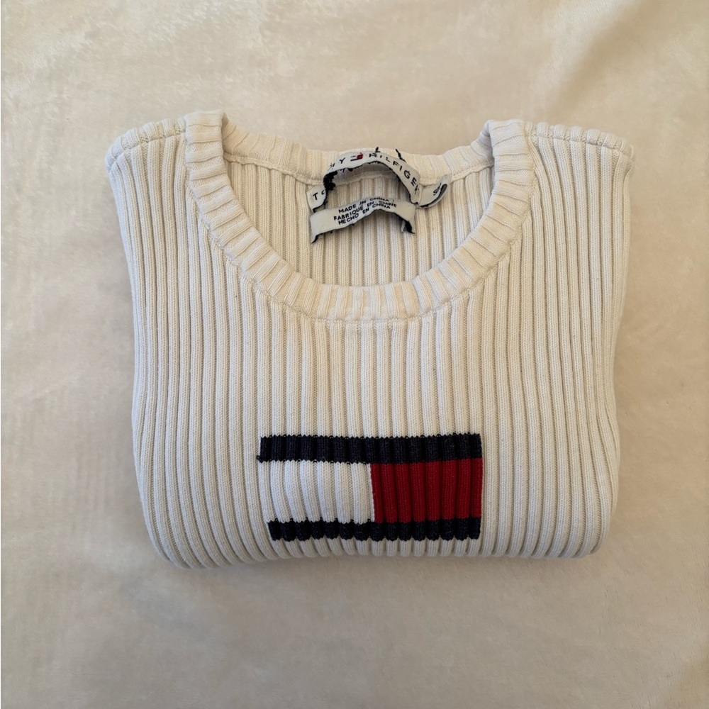 Tommy Hilfiger vintage 100% cotton logo ribbed cream long sleeve Sweater White